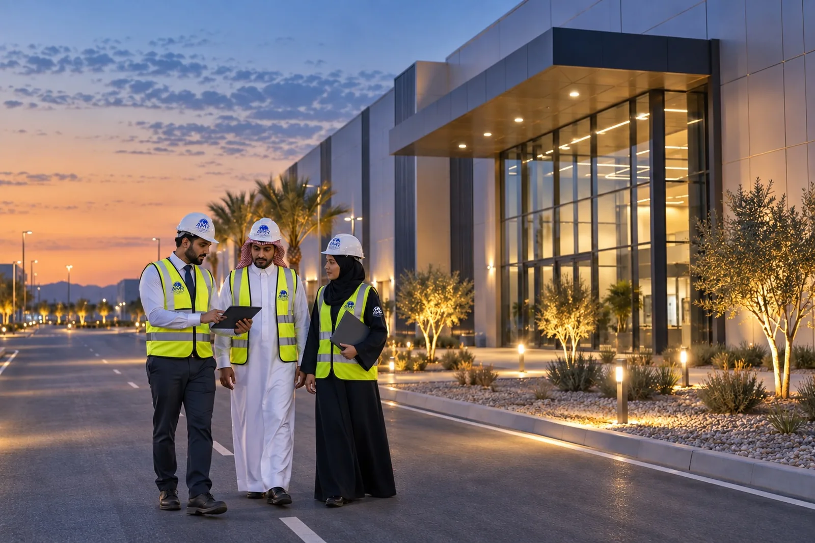 Project completion and handover — completed facility at dusk